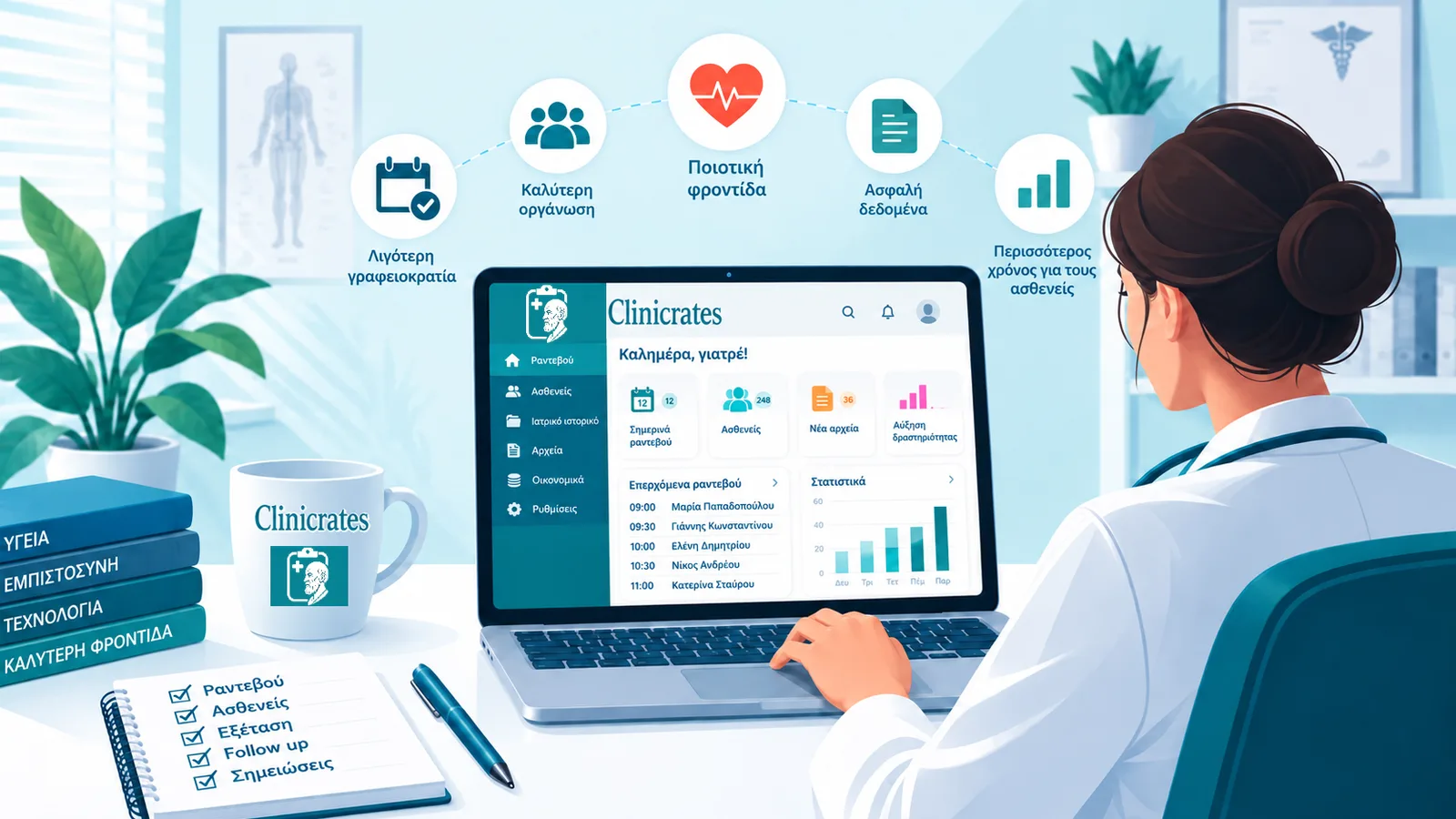 Επαγγελματίας υγείας χρησιμοποιεί το Clinicrates σε laptop στο ιατρείο, με τα οφέλη του: λιγότερη γραφειοκρατία, καλύτερη οργάνωση, ποιοτική φροντίδα, ασφαλή δεδομένα και περισσότερος χρόνος για τους ασθενείς